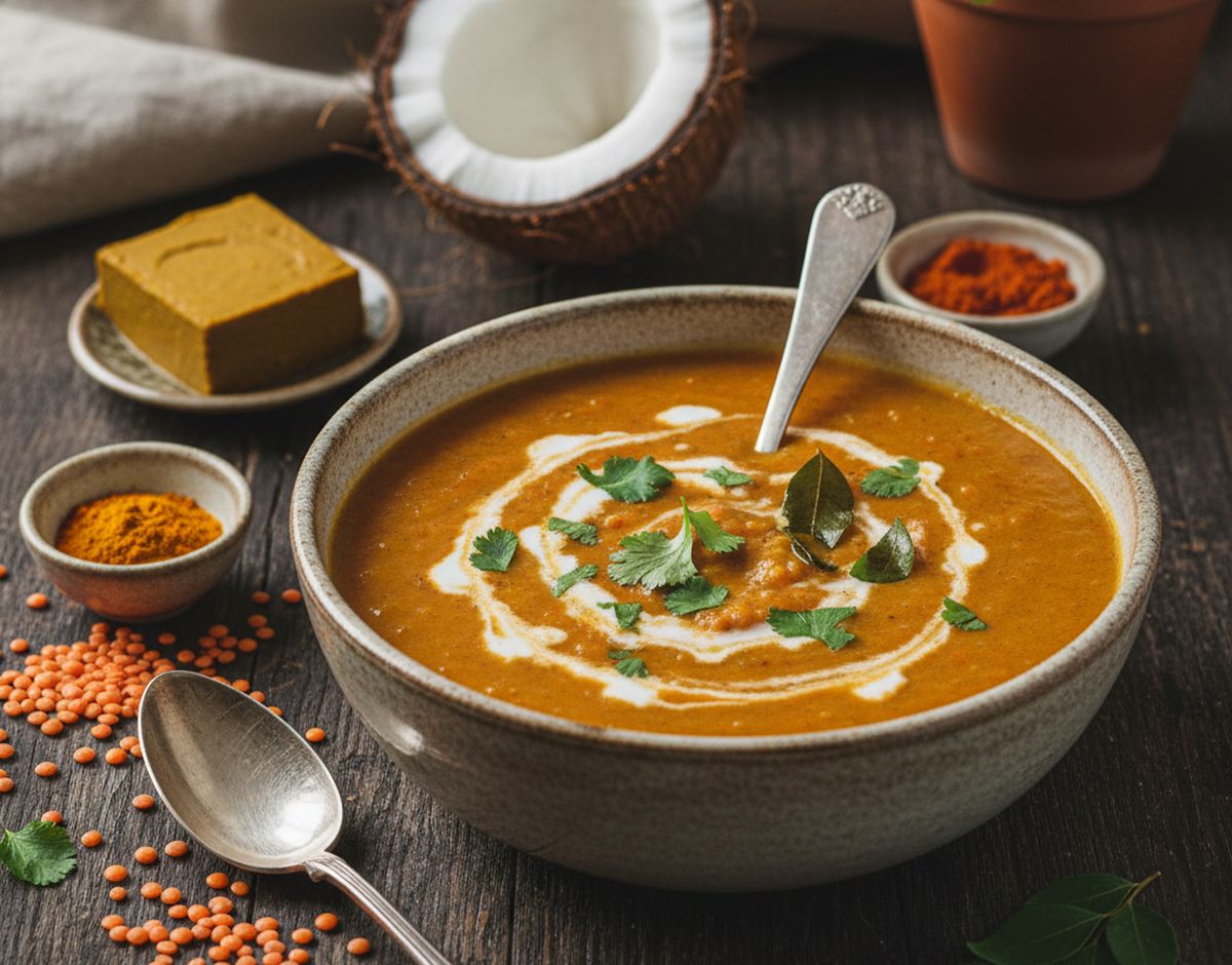 Velouté de lentilles corail au lait de coco et curry