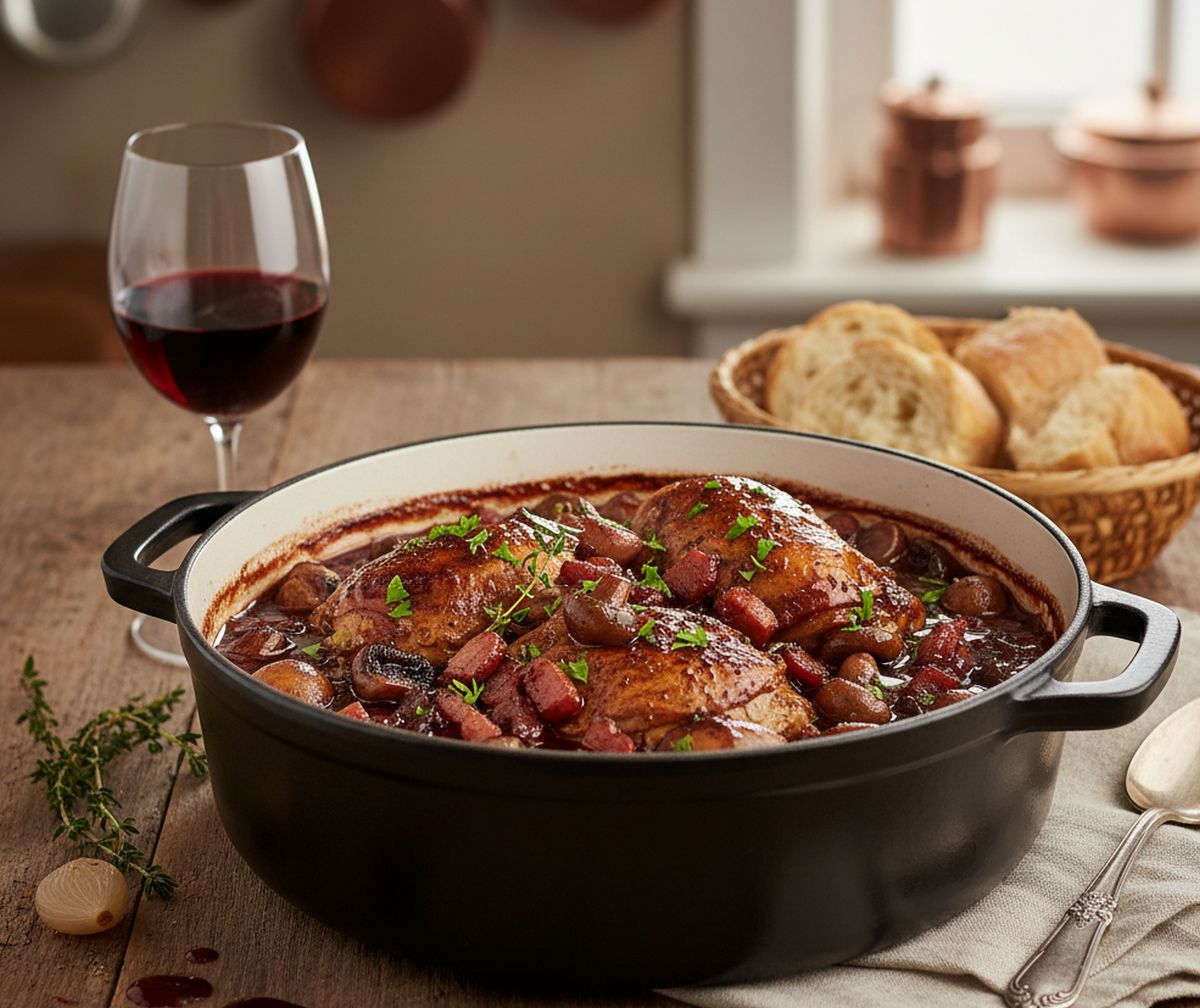 Civet de coq au vin rouge