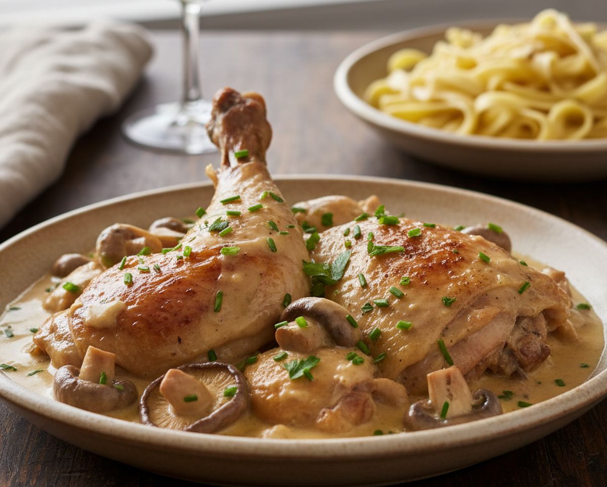 Coq à la crème et aux champignons